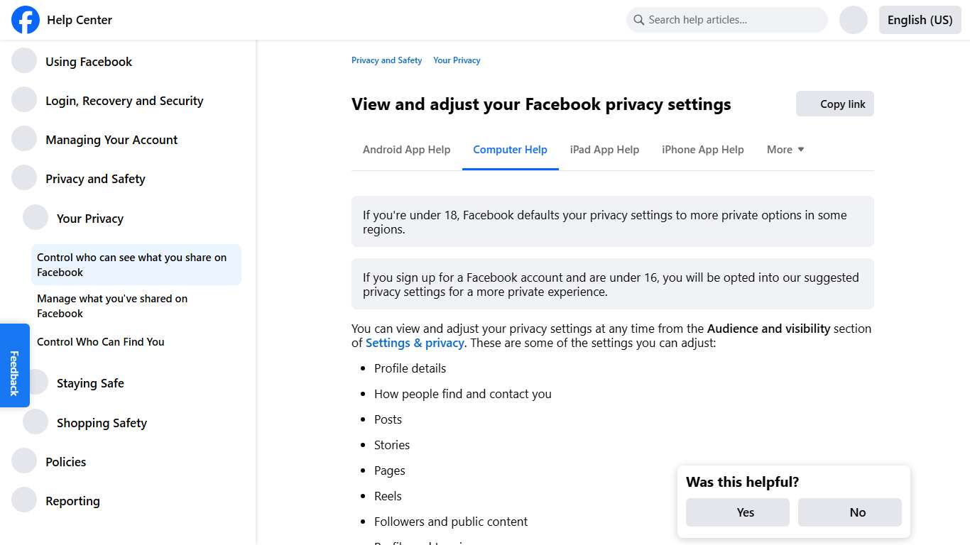 View and adjust your Facebook privacy settings Facebook Help Center